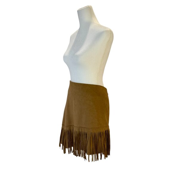 Boho Faux Suede Fringe Mini Skirt, Asymmetrical Hem, Tan/Brown - Picture 3 of 4